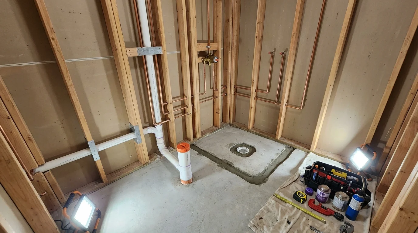 Bathroom rough-in plumbing during remodel by Johns Plumbing LLC in Alburtis