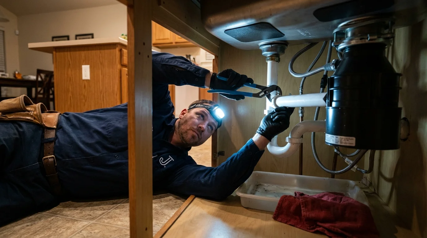 P-trap and supply line connections under a kitchen sink showing a common leak point in Alburtis, PA